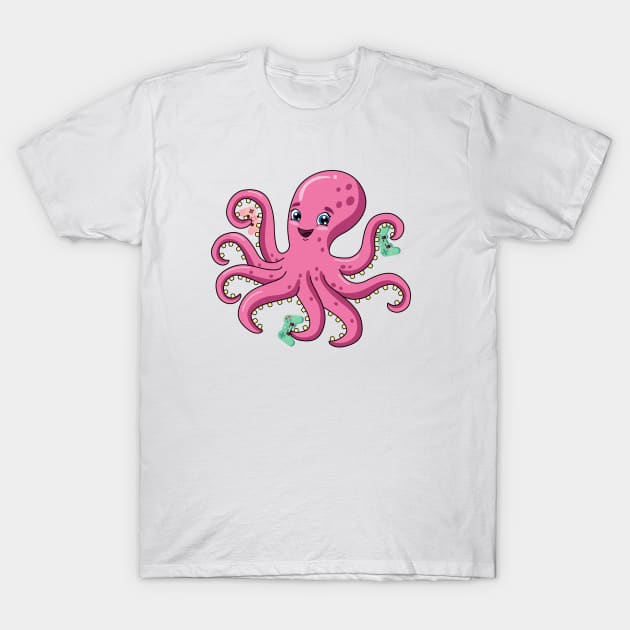 Cute Octopus Gamer With Four Video Game Controllers T-Shirt by sarrah soso